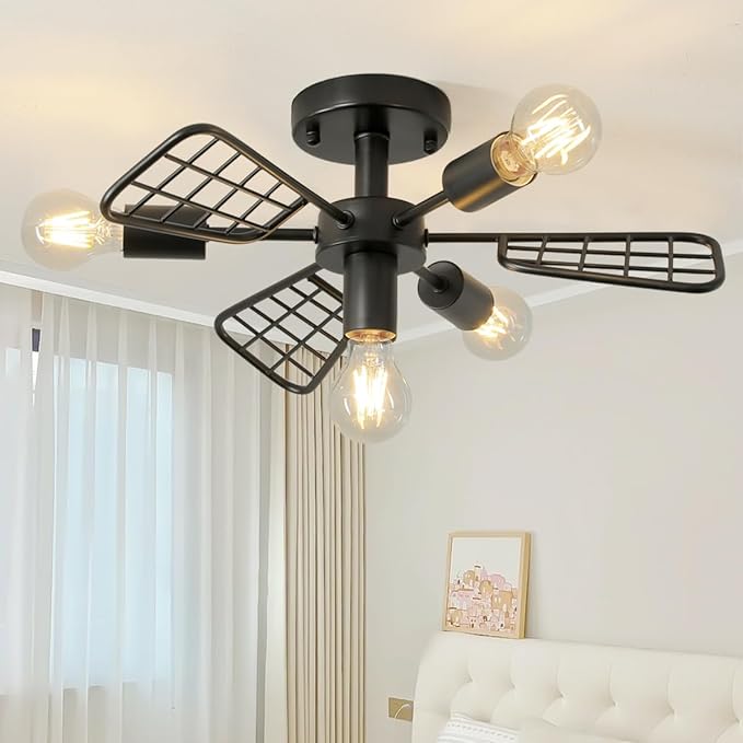 Modern Farmhouse Chandelier, 21 Inch Black Metal Geometry Rustic Vintage Semi by LANPESTING