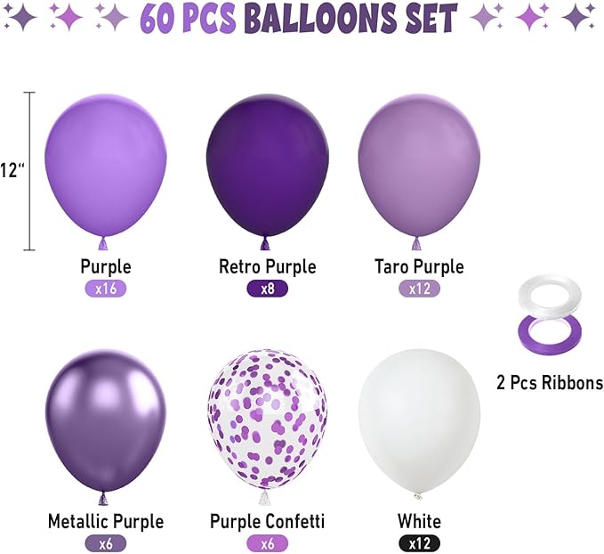 FunHot 60 Pcs Purple Balloons, 12 Inch Metallic Purple Confetti Balloons - Image 2