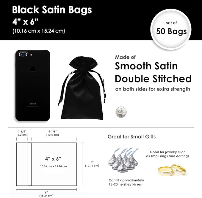 4" x 6" Black Satin Gift Bags, Jewelry Bags, Wedding Favor Drawstring, Baby - Image 4