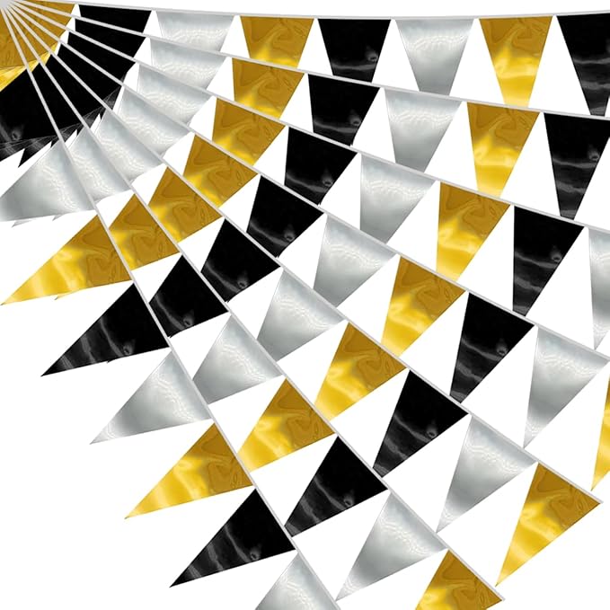 20M/65FT Black Gold Silver Triangle Pennant Banner Flag Metallic Fabric Bunting by raqieden