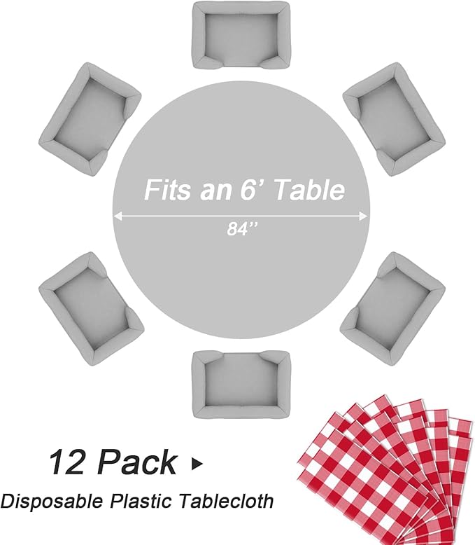 QIKSION Red Gingham Round Tablecloth 12 Pack, 84 Inch Plastic Checkered Table - Image 5
