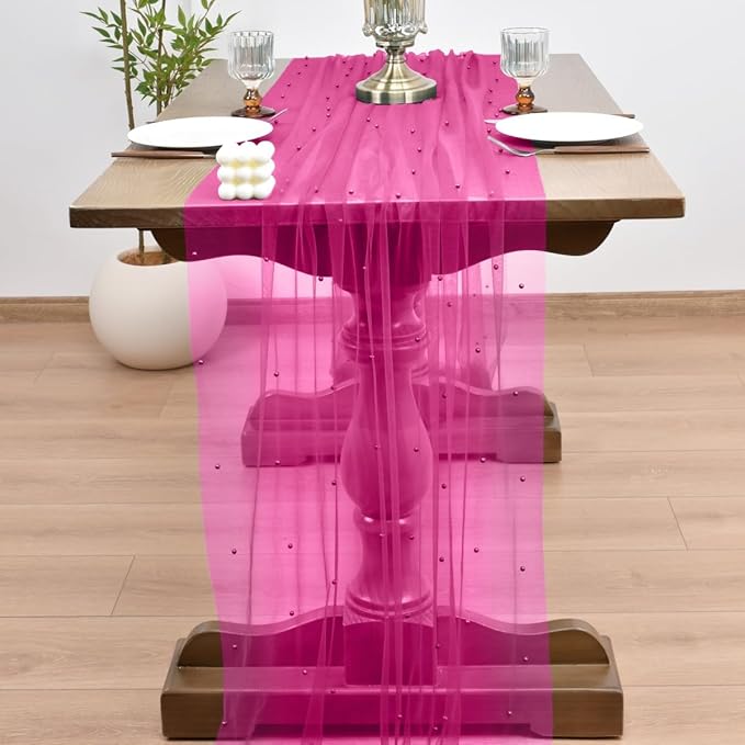 Joanlody Fall Fuschia Pearl Table Runner 10ft Rustic Boho Tulle Table Runner - Image 6