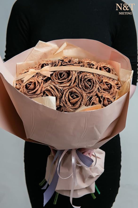N&T NIETING Artificial Flowers Brown Glitter Flowers Foam 25pcs Roses Real - Image 3