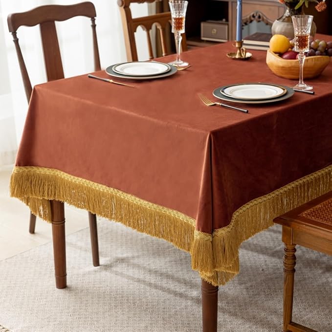 F-CHU Luxury Burnt Orange Tablecloth Thickset Velvet Tablecloth - Image 5