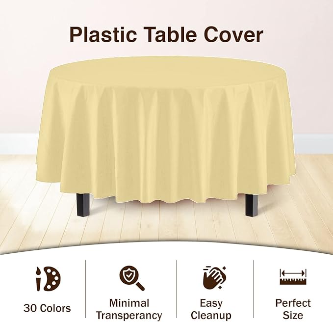12-Pack Premium Plastic Tablecloth 84in. Round Table Cover - Image 3