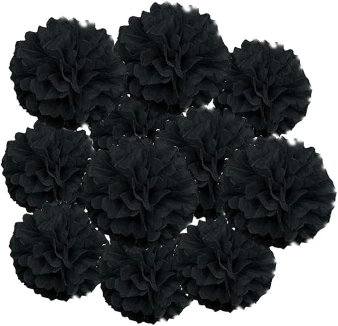 12pcs 10in & 12in Black Paper Pom Poms by Yangeey