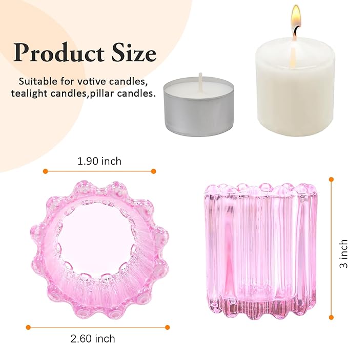 GOLDEAL 12Pcs Pink Glass Votive Candle Holders Tealight Holders Decorative - Image 2