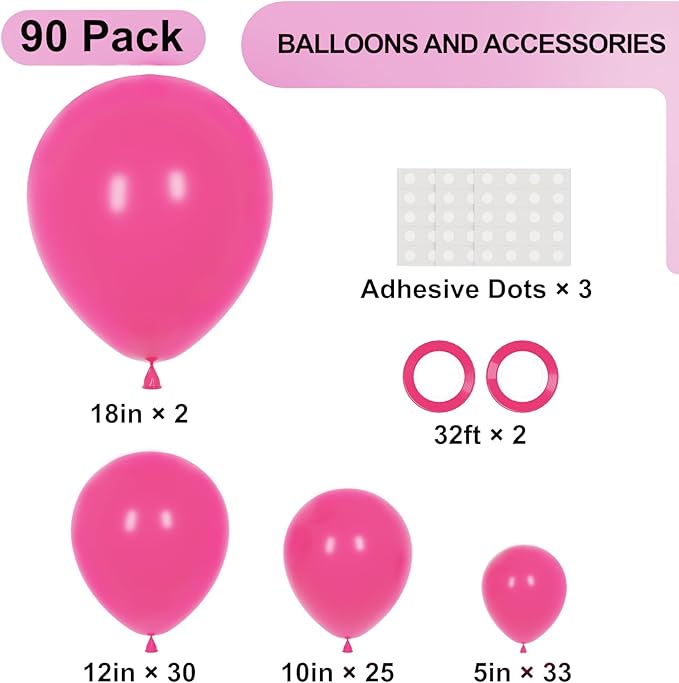 90pack Hot Pink Balloons Different Size 18/12/10/5 Inch Dark Pink Balloon - Image 2
