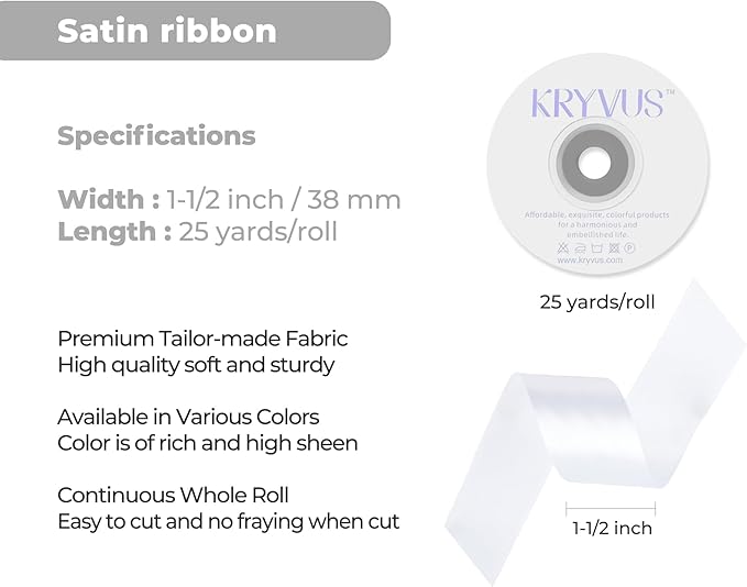 White Satin Ribbon 1-1/2 inch X Continuous 25 Yards, Single Face Polyester - Image 3