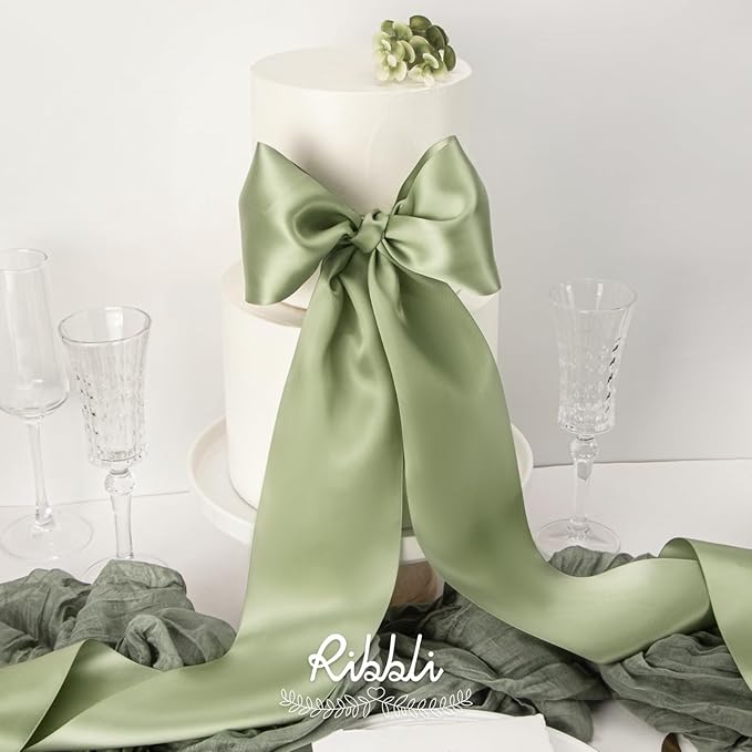 Ribbli Dusty Sage Satin Ribbon 4 Inch Wide Sage Green Ribbon - Image 3