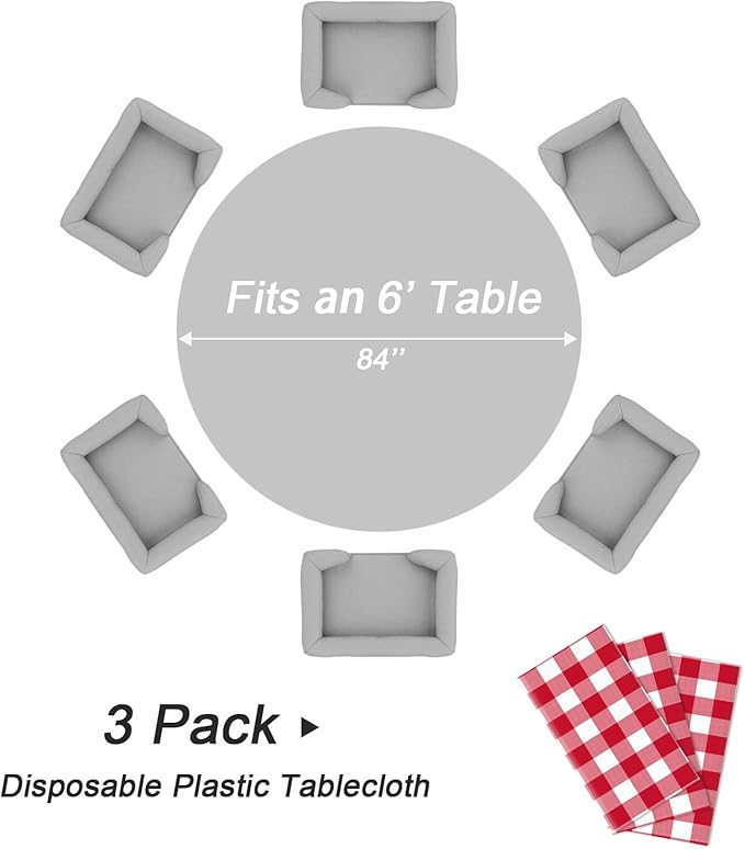QIKSION Red Gingham Round Tablecloth 3 Pack, 84 Inch Plastic Checkered Table - Image 5