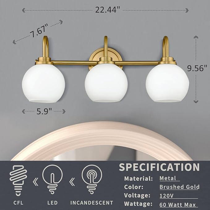 Gold Bathroom Light Fixtures, 3 Light Gold Modern Bathroom Light Fixtures Over - Image 6