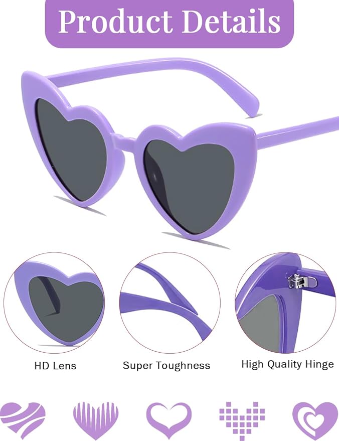 8 Pack Heart Sunglasses Vintage Cat Eye Heart Glasses Retro Bachelorette Bride - Image 5