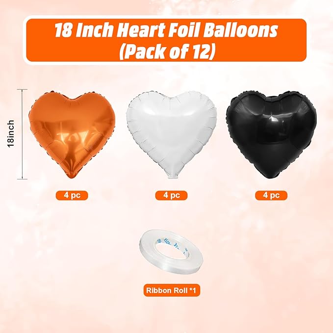 Black Orange Heart Balloons, 18 Inch Black White Orange Heart Foil Shape Balloon - Image 2