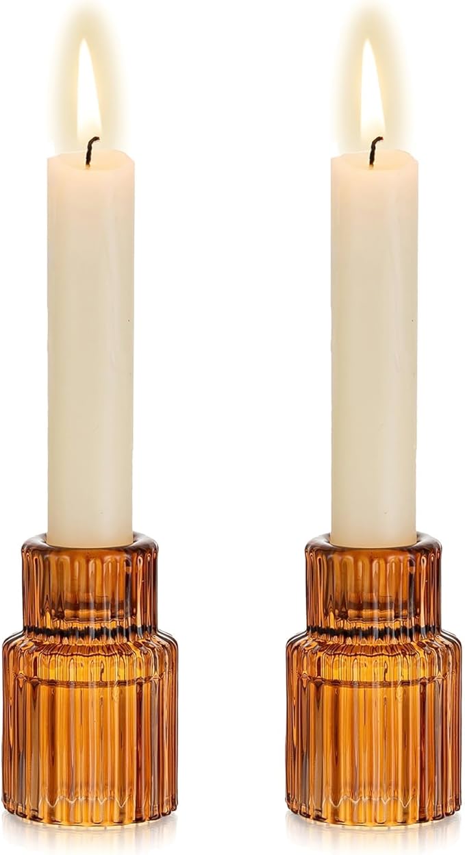 Hewory Glass Taper Candle Holders: 2PCS Amber Elegant Candle Holder Candlestick by Hewory