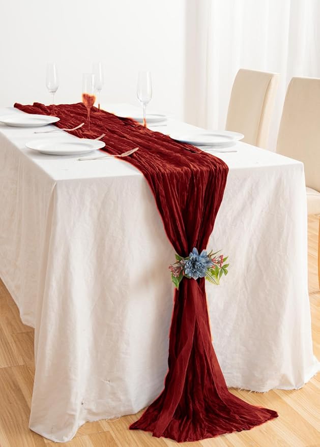 8 Pack 10Ft Table Runner 35x120 inch Burgundy Boho Gauze Table Cheese Cloth - Image 6