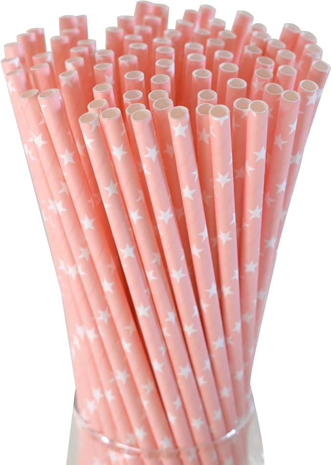 Pink Straws Disposable Biodegradable Star Paper Straws by GLUJASBIO