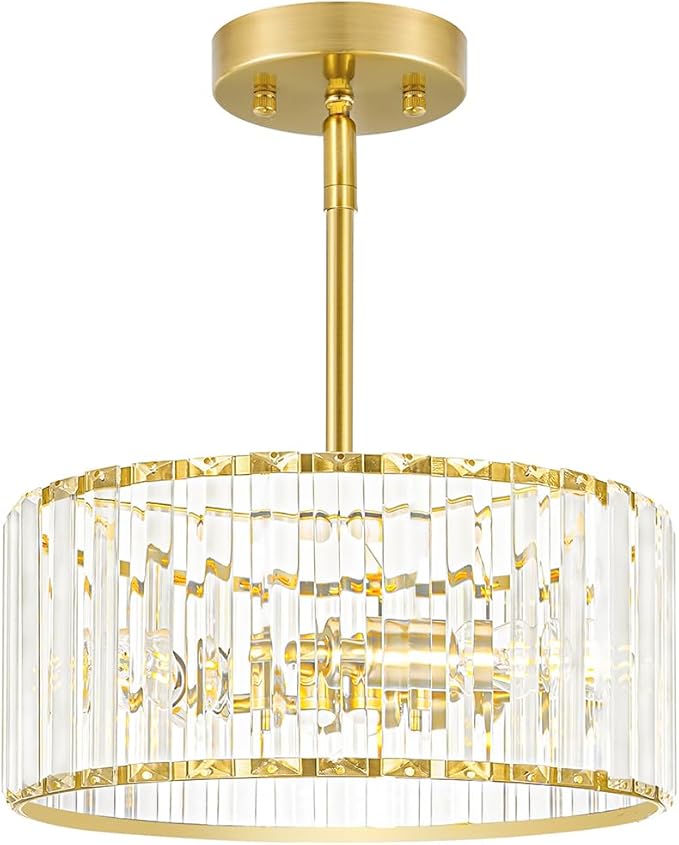 Gold Crystal Chandelier for Dining Room, 3-Light Modern Semi Flush Mount by Unknown