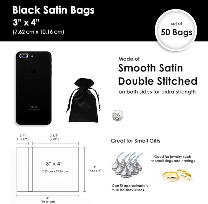 3" x 4" Black Satin Gift Bags, Jewelry Bags, Wedding Favor Silky Drawstring - Image 4