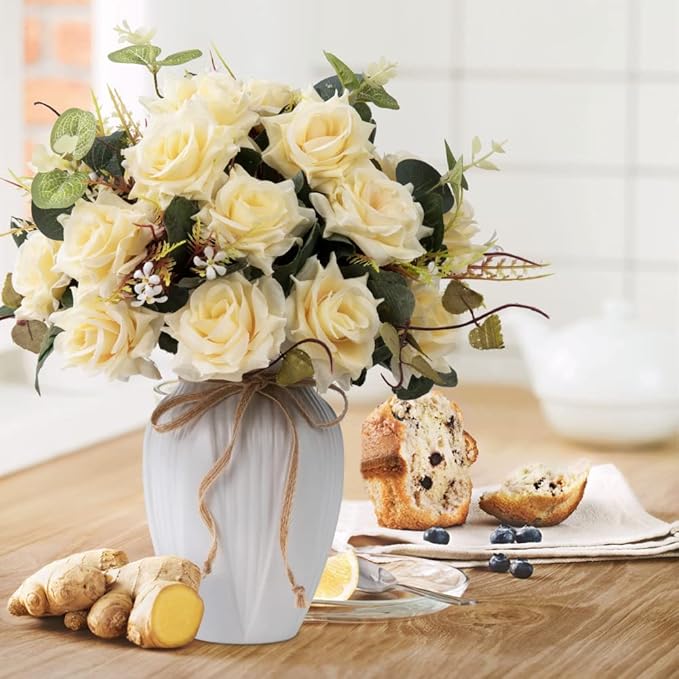 LESING Artificial Rose with Vase, Fake Silk Flowers Bouquets in Vase Table - Image 2