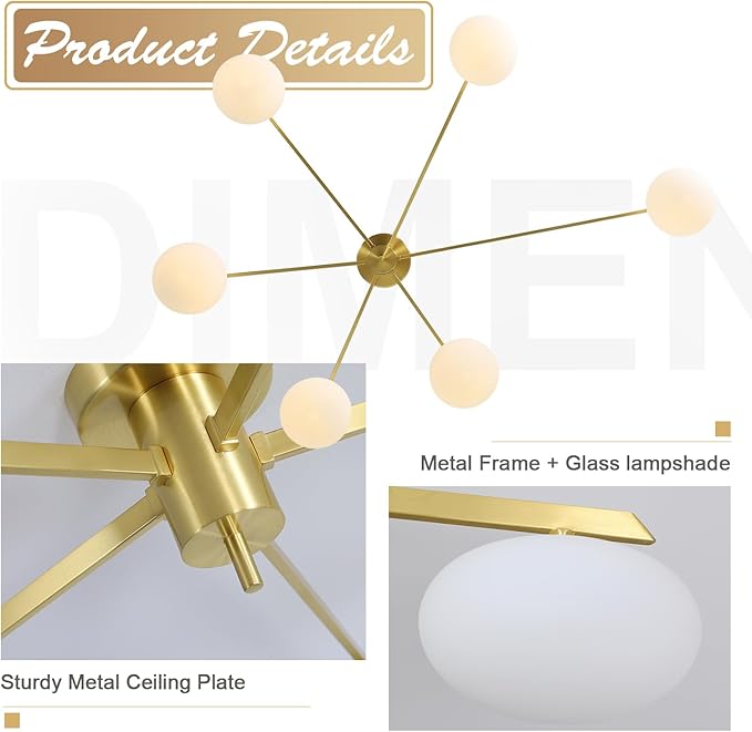 6-Lights Gold Sputnik Chandelier Modern Ceiling Light Fixtures Retro Glass - Image 4