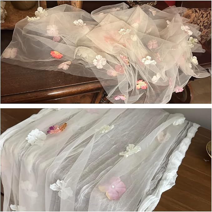 Romantic Artificial Floral Table Runner 10ft Gauze Tulle Lace Table Runner Set - Image 5