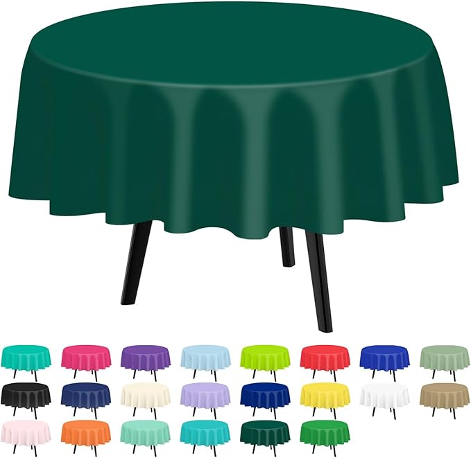 QIKSION Dark Green Round Tablecloth 2 Pack, 84 Inch Plastic Table Cover by QIKSION