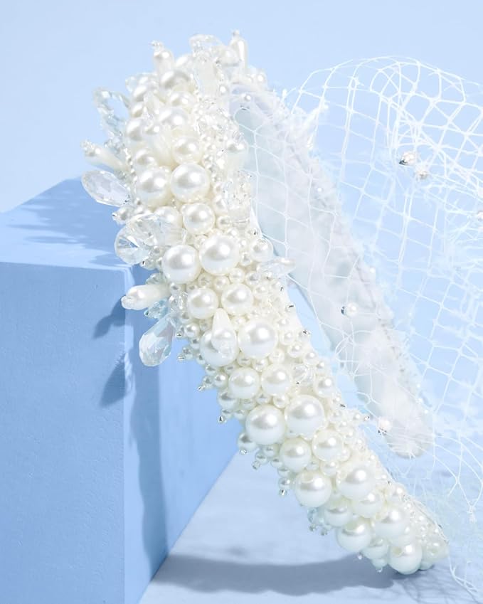 xo, Fetti Pearl Beaded Bridal Headband + Birdcage Veil | Bachelorette Party - Image 2