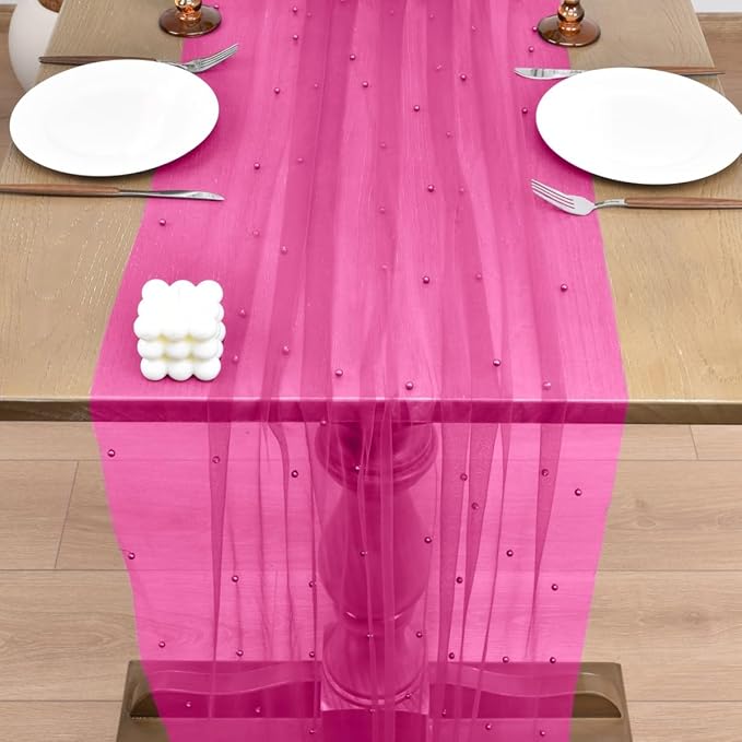 Joanlody Fall Fuschia Pearl Table Runner 10ft Rustic Boho Tulle Table Runner - Image 5