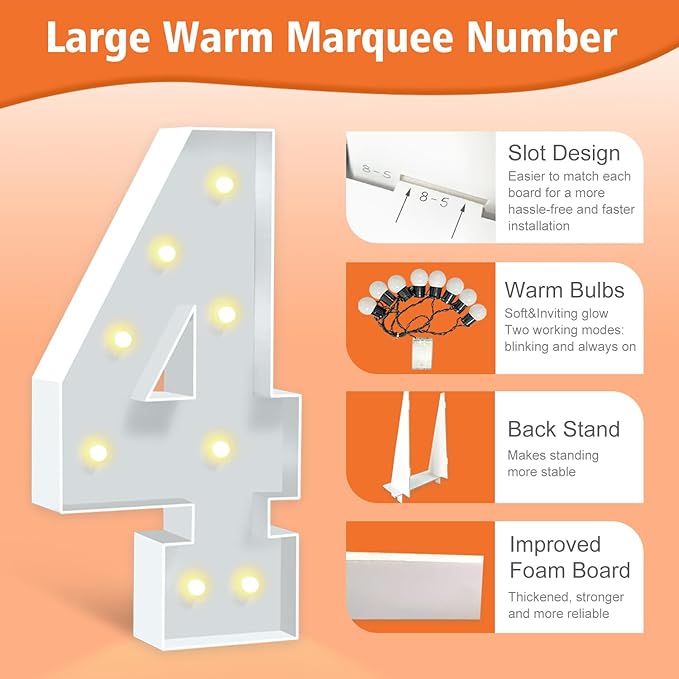 Marquee Numbers, 3 Feet Tall Light Up Numbers 4, Large Birthday Decorations - Image 3