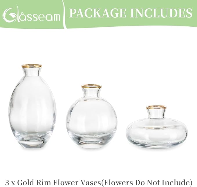 Bud Vases 3Pcs/Set Small Vases Handmade Cute Gold Rim Small Vases - Image 8