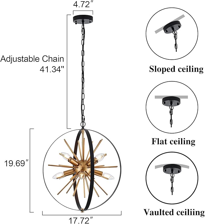 17.72'' Black Gold 8-Light Globe Sputnik Chandelier Modern Industrial - Image 2
