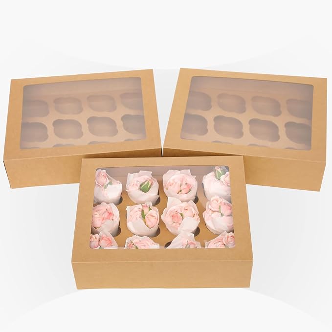 12 Cupcake Containers 12-Packs Brown Cupcake Box Cupcakes Carrier, 12 Cupcake - Image 4