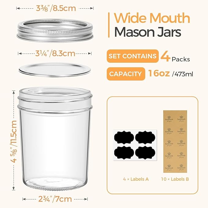 ComSaf Wide Mouth Mason Jars 16 oz - Image 2