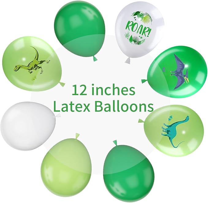 Dinosaur Balloons, 12 Inch Dino Printed Balloons Green White Lime Green Latex - Image 2