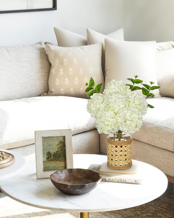 Hollyone White Hydrangea Artificial Flowers in Woven Glass Vase - Image 5