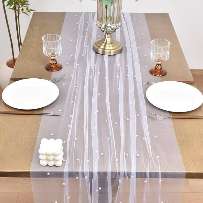 Joanlody Fall Pearl Table Runner 10ft Rustic Boho Tulle Table Runner - Image 3