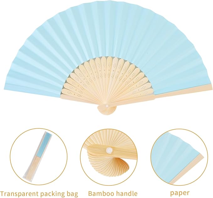 50pcs Blue Paper Hand Fan Bamboo Folding, Handheld Paper Folded - Image 2