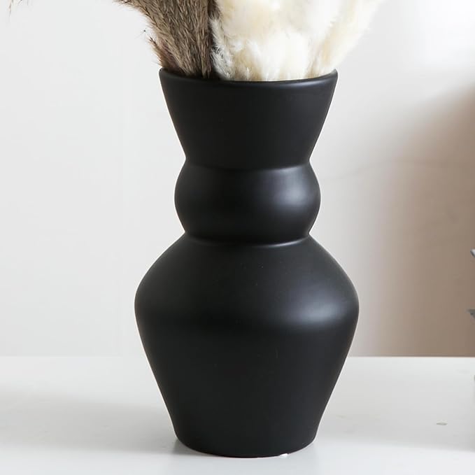 Black Ceramic Vase, Modern Matte Pampas Grass Vases, Boho Big Mouth Vase Home by Tenforie