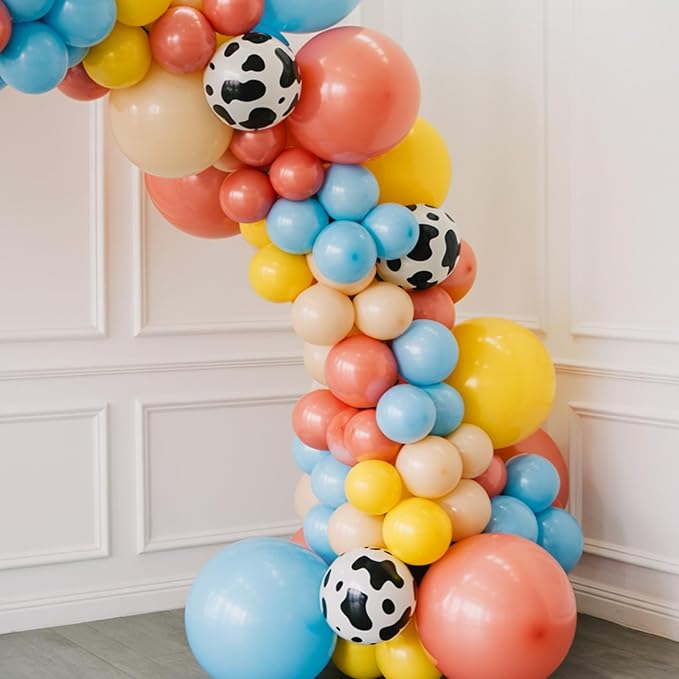 Cow Print Balloons, Retro Dusty Blue Yellow White Balloon - Image 7