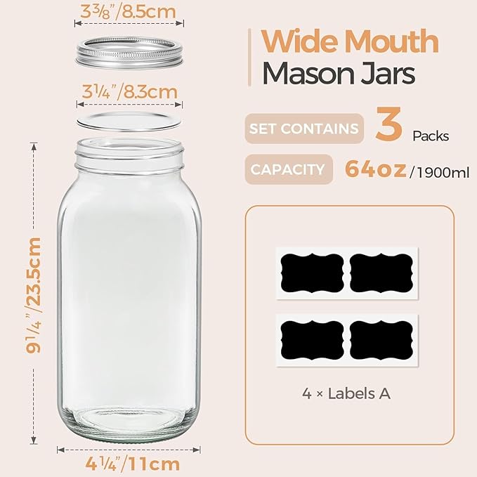 ComSaf Large Mason Jars 64oz Half Gallon 3 Pack, Wide Mouth Mason Jars - Image 2
