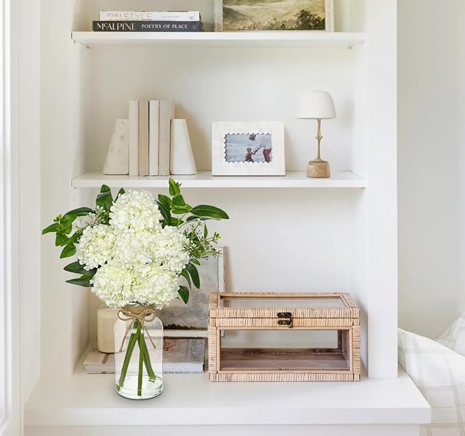 Hollyone White Hydrangea Artificial Flowers in Clear Glass Vase - Image 4