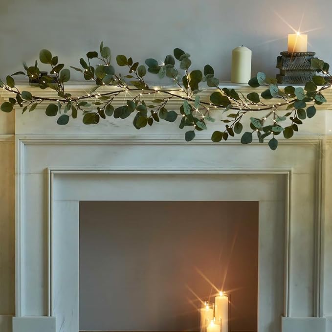 Fudios Lighted Twig Eucalyptus Garland 6FT 96 Warm White LED Battery Operated by Fudios