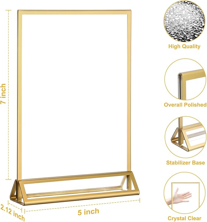 EHWINE 12 Pack Acrylic Sign Holder 5 x 7, Double Sided Gold Picture Frame Stand - Image 4