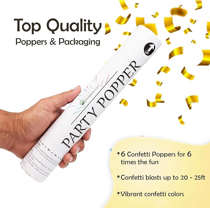 Confetti Cannons 12" – 6 Pack Gold Mylar Confetti Poppers | Party Poppers - Image 5
