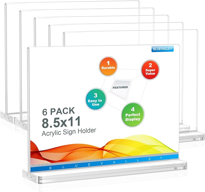 BlueValley Clear Plastic Flyer Sign Holder 8.5 x 11 Standing, Horizontal Table by BlueValley