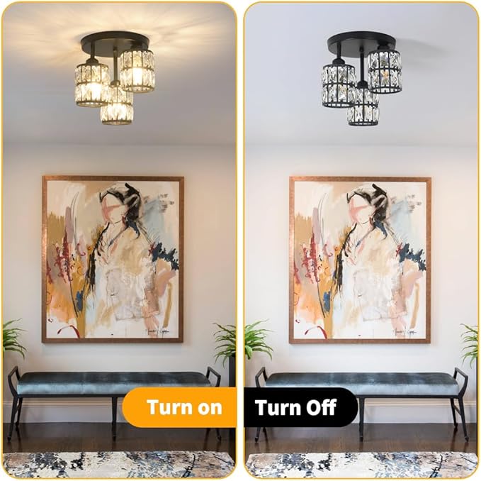 Modern Semi Flush Mount Ceiling Light, 3-Light Black Crystal Close to Ceiling - Image 6