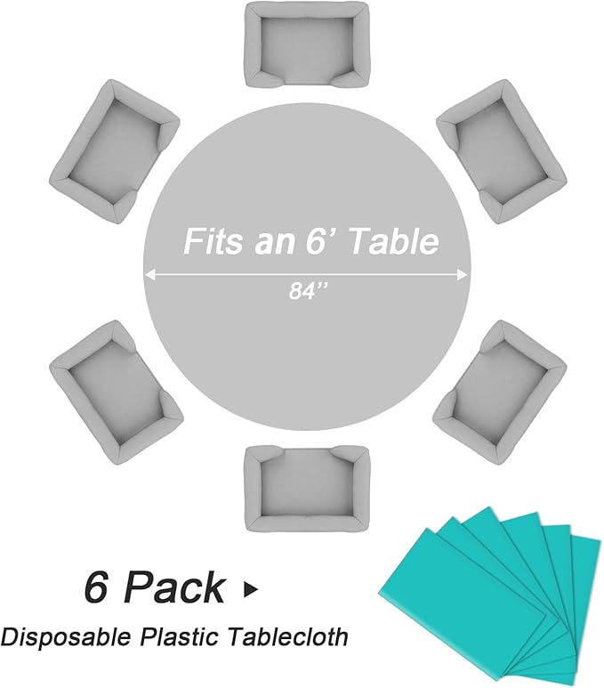 QIKSION Aqua Blue Round Tablecloth 6 Pack, 84 Inch Plastic Table Cover - Image 5