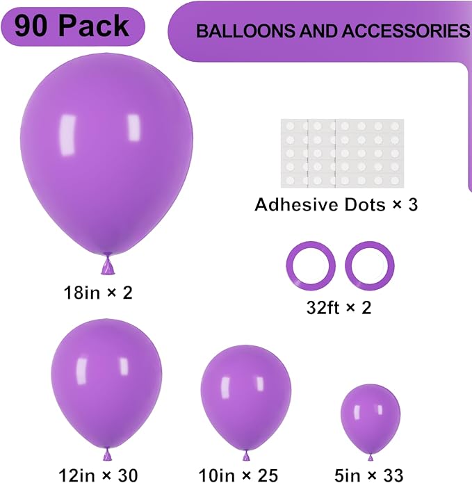 90pack Purple Balloons Different Size 18/12/10/5 Inch Purple Balloon Garland - Image 2