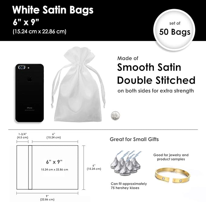 6" x 9" White Satin Gift Bags, Jewelry Bags, Wedding Favor Drawstring Bags Baby - Image 2